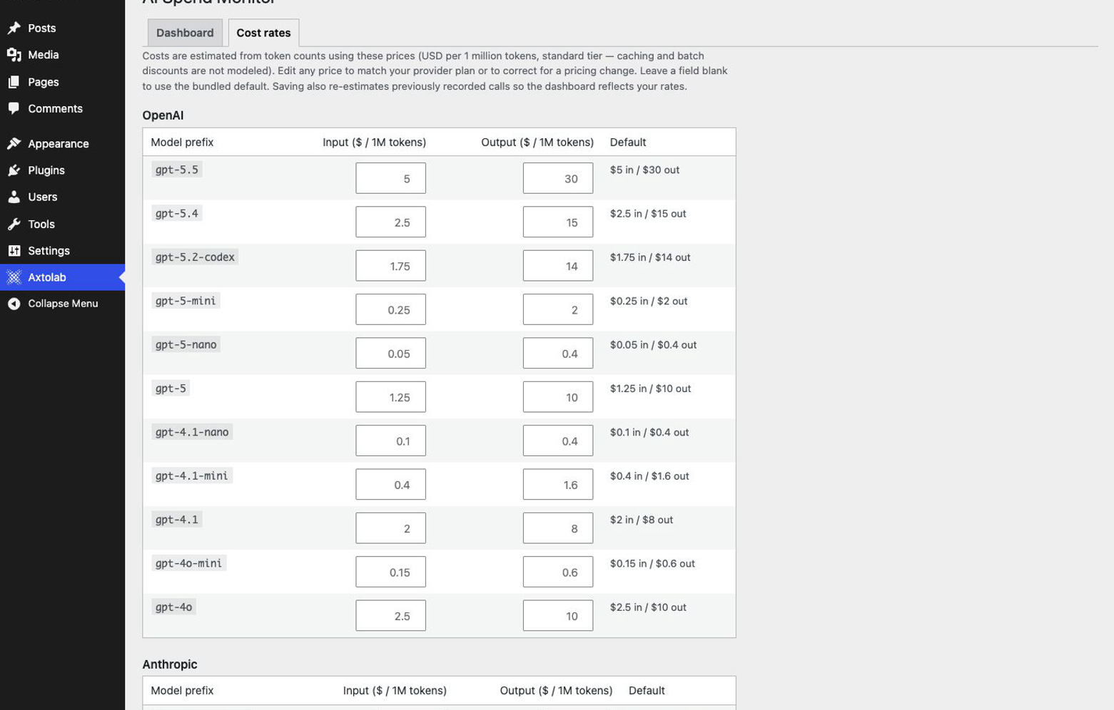 Cost rates tab — editable per-model input and output prices