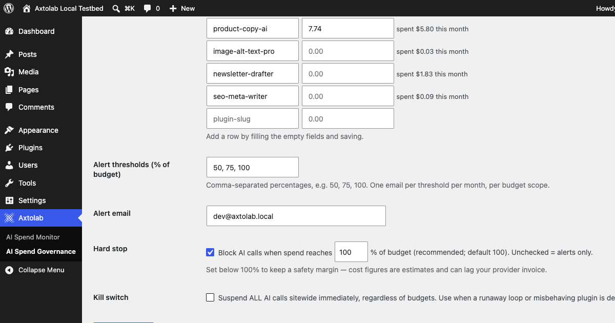 AI Spend Governance settings: per-plugin budgets with month-to-date spend, alert thresholds, hard stop percentage, and kill switch